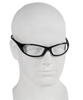 Hellraiser Safety Glasses With Clear Lenses And Black Frame For Indoor Work shown on mannequin head