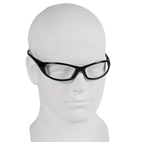 Hellraiser Safety Glasses With Clear Lenses And Black Frame For Indoor Work shown on mannequin head