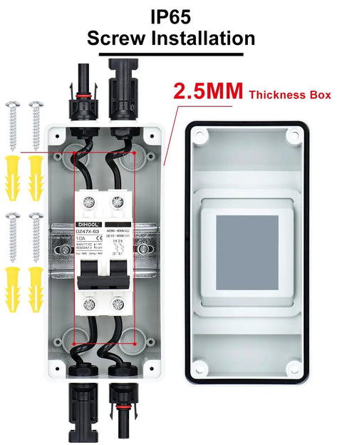 10 Amp Solar Disconnect Switch With Dc Miniature Circuit Breaker And Din Rail Enclosure showing IP65 waterproof design and screw installation.