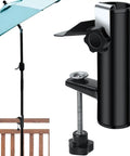 Durable Outdoor Patio Umbrella Clamp Stand And Deck Mount attached to railing with umbrella, showing metal tube and clamp detail.