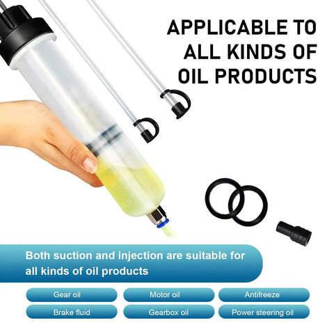 Hand holding Power Steering Fluid Extractor Kit For Cars 200cc Manual Oil Sucker Pump with dual hoses on white background.
