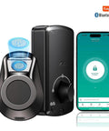 Next Level Smart Electronic Deadbolt Lock Providing Zero Drama Keyless Access With Lightning Biometric Scan And Remote Tap Control showing fingerprint sensor and app.