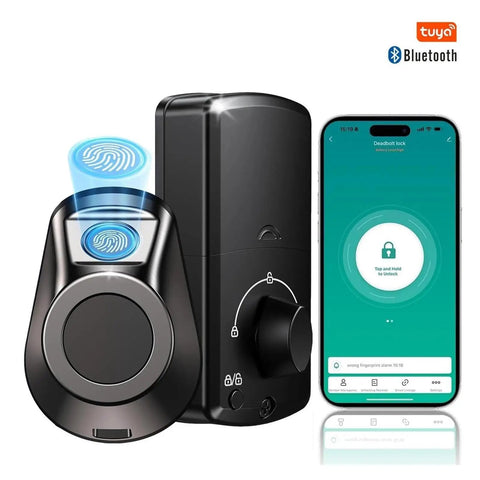 Next Level Smart Electronic Deadbolt Lock Providing Zero Drama Keyless Access With Lightning Biometric Scan And Remote Tap Control showing fingerprint sensor and app.