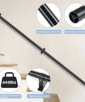 Heavy Duty Aluminum Stair Handrail For Indoor Outdoor Steps Wall Mounted Pipe Railing With Badass Black Powder Coating And Hella Strong Grip Four Feet Long And Zero Hassle Setup, showing pipe diameter and 440lbs load capacity.