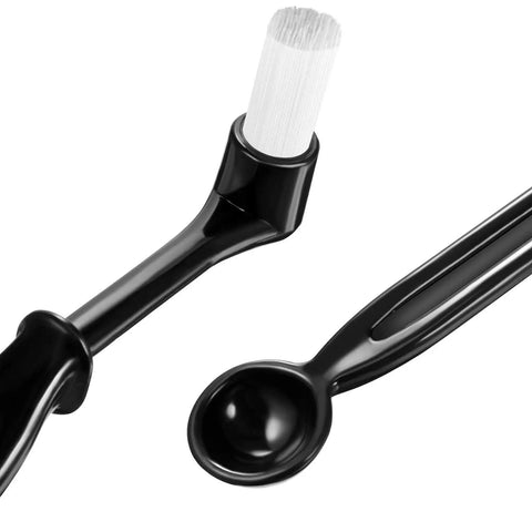 Close-up of brush and spoon from Coffee Machine Cleaning Brush Set With Spoon And 58 Mm Stainless Back Flush Insert Metal Blind Filter 4 Piece Kit