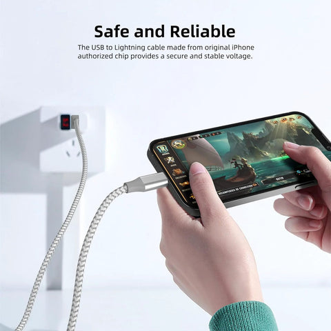iPhone Lightning charging cable, nylon braided, 10 ft, white/gray, Apple MFi certified