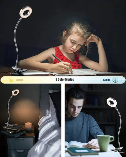 LED Clip On Reading Light With Dimmable Brightness, 3 Modes And 10 Levels, flexible clamp used by child and adult in different settings