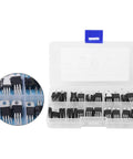 60 Piece Transistor Assortment Kit With 10 Values Storage Box L7805CV And LM317T Included Perfect For Electronics Pros And Hobbyists Clear Markings Well Packed Great For Quick Repairs And Projects shown with detailed view of transistors in clear compartments