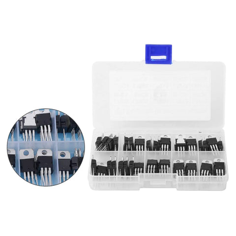60 Piece Transistor Assortment Kit With 10 Values Storage Box L7805CV And LM317T Included Perfect For Electronics Pros And Hobbyists Clear Markings Well Packed Great For Quick Repairs And Projects shown with detailed view of transistors in clear compartments