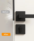 White door frame with black lever handle and deadbolt; wedge-shaped foam weather seal strip installed