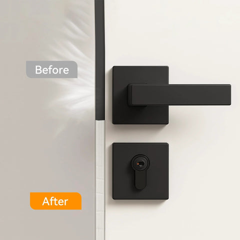 White door frame with black lever handle and deadbolt; wedge-shaped foam weather seal strip installed