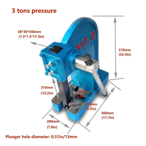 Top Shelf Heavy Duty Manual Arbor Press With Smooth Crank Lever Three Ton Benchtop Shop Press For Precision Stamping Hardware Assembly And Garage Work, blue metal press showcasing dimensions.