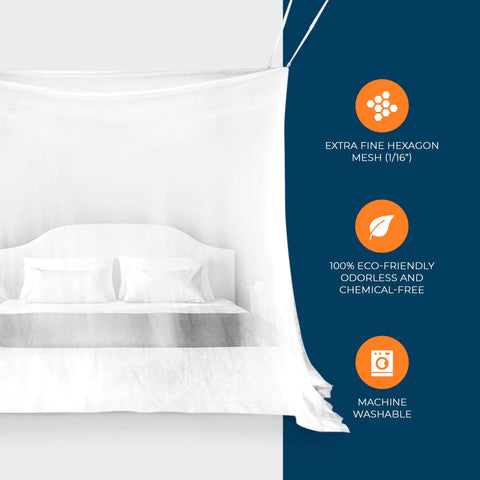 Ultra Large Mosquito Net With Carry Bag And Two Openings Netting Curtains for Camping and Patio, shown over a white bed.