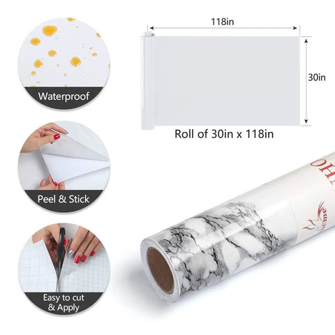 Grey Marble Contact Paper For Countertops Peel And Stick Waterproof Self Adhesive Marble Wallpaper For Kitchen And Bathroom Countertop Upgrade DIY Glossy Removable Home Decor 30 By 118 Inches with roll dimensions illustrated and application details
