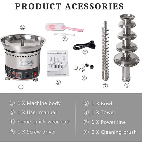 Heavy Duty Electric Chocolate Fountain Machine With Four Tiers For Quick Smooth Flow parts including bowl, manual, and stainless steel components.