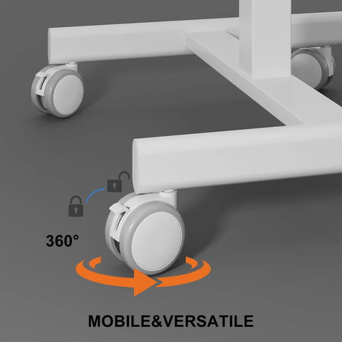 Close-up of lockable wheels on Mobile T Shaped Pneumatic Height Standing Desk On Lockable Wheels Sit To Stand Adjustable Desk