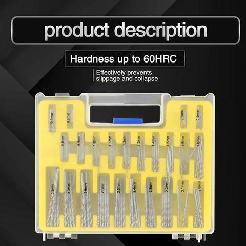 Mini Twist Drill Bit Kit 150 Pc HSS Micro Precision Set for PCB Jewelry Crafts in yellow case with labeled compartments