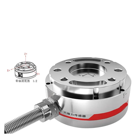 Front view of Six Axis Force Sensor for Industrial Robots Heavy Duty with multi-dimensional torque measurement and shielded cable.