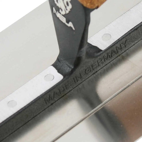 Close-up of Premium Superflex Finishing Trowel 11 By 4.3 Inches With Cork Handle BiKo Grip, German Made Quality blade engraving.