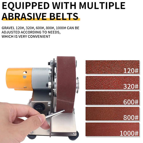 Hand adjusting Mini Belt Sander With 7 Speed Adjustable Electric Bench Grinder For DIY with abrasive belts displayed.