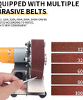 Compact Mini Belt Sander Electric Knife Sharpener Featuring Seven Adjustable Speeds And Multi Grit Abrasive Belts showing multiple grit belts.