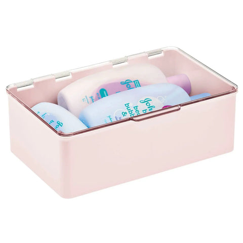 Stackable Plastic Storage Organizer Boxes With Hinged Lids For Office Bedroom Entryway Garage And Craft Room In Light Pink And Clear with bottles inside