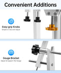 Heavy Duty Bicycle Wheel Truing Stand for Folding and Pro Grade Wheel Repair, easy-grip knobs and gauge bracket details