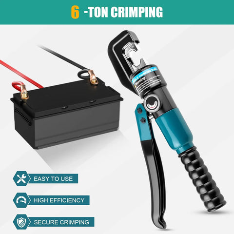 6 Ton Hydraulic Crimping Tool With 9 Die Pairs For 12 AWG To Two Zero Battery Cable Lugs And Wire Rope Crimper Heavy Duty Electrical Crimping For Welding Cables And Battery Cabling Pro Grade next to a battery