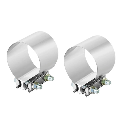 Beefy Stainless 5 Inch Exhaust Band Clamp Butt Joint Sleeve Coupler For Mufflers And Exhaust Pipe 2 Pack displayed on white background