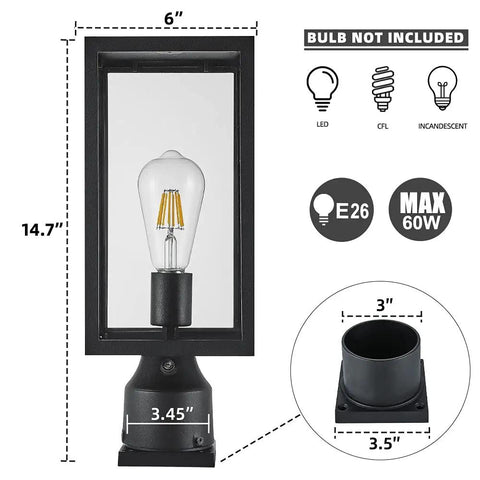 Large 15 Inch Dusk To Dawn Outdoor Post Light With Waterproof Cast Aluminum Construction Matte Black Lamp Post Fixture Pier Mount
