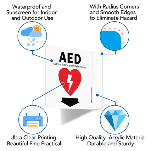 Front view: Faittoo AED sign, 6x6 inch acrylic, two-pack with pre-drilled holes and screws