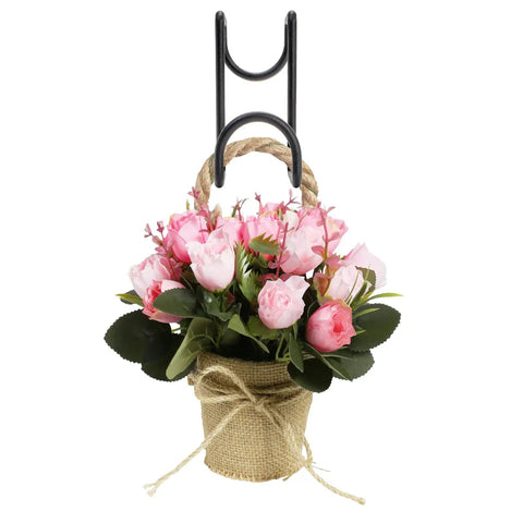 8 Pack 4 Inch Heavy Duty Metal Tack Hooks Over Rail Bridle Rack holding a floral basket