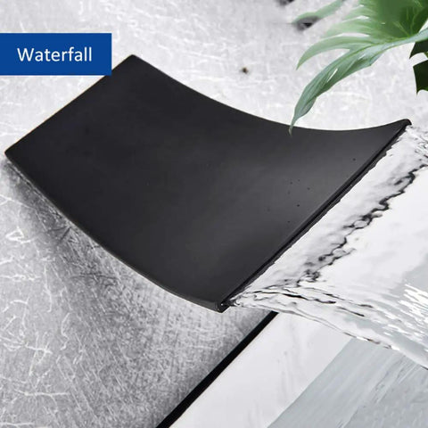 Close-up of UMJIGF Shower System Wall Mounted Concealed Shower Faucet Set multifunction matte black waterfall tub spout.