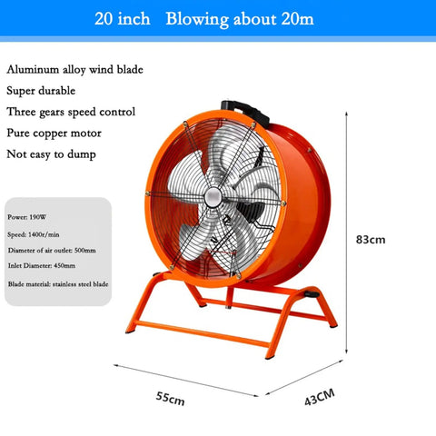 Built Like A Tank 20 Inch Heavy Duty Industrial Floor Fan With Oscillating Head pumping raw high velocity airflow, aluminum alloy wind blade.