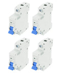 Four Pack 1P 20A 110V Miniature Circuit Breaker DZ47-63 DIN Rail Mount Disconnect Switch With Thermal Magnetic Trip For Short Circuit And Overload Protection Blue, showing four white breakers with blue switches