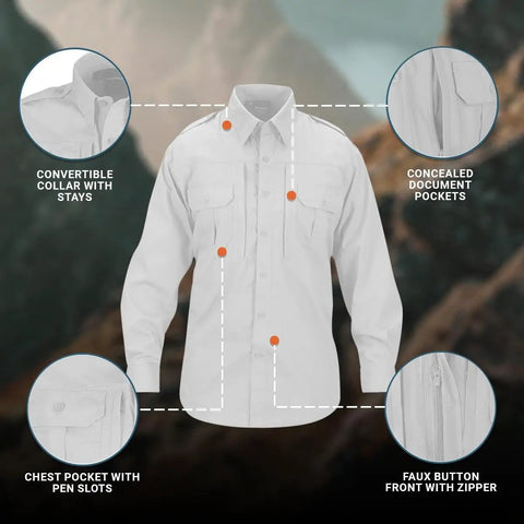 Mens Long Sleeve Tactical Shirt In White Poplin Fabric With Concealed Zipper Front Closure And Durable Reinforced Construction For Everyday Wear Or Field Ops Gear Up With This Kickass Combat Top showcasing a convertible collar and document pockets.
