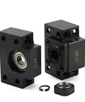 BK12 Fixed Side and BF12 Standard End Supports for SFU1605 SFU1610 Ballscrews, CNC Machine Ball Screw Bearing Blocks Bracket, 16mm Shaft Compatible, Beefy Carbon Steel Construction Built to Last with Blackened Finish for Long Lasting Reliability. BK12 and BF12 blocks shown with bearing, nut, and snap ring