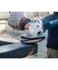 Street Tough 4.5 Inch Angle Grinder Featuring X Lock Tool Free Disc Swap Mount cutting metal, sparks flying with ergonomic grip.