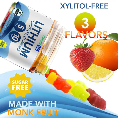 Lithium Orotate Gummies 5mg Per Gummy Clinically Studied Chelated High Bioavailable For Men Women Kids Sugar Free Vegan 60 Count Three Flavors With Natural Sweeteners For Mood Support bottle with gummies and citrus fruits.