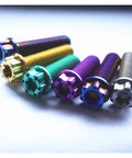 Top Shelf Grade 5 M8 Titanium Screws 4 Pack Burning Blue Torx Flange Head Bolts Heavy Duty Corrosion Resistant Fasteners in assorted colors.