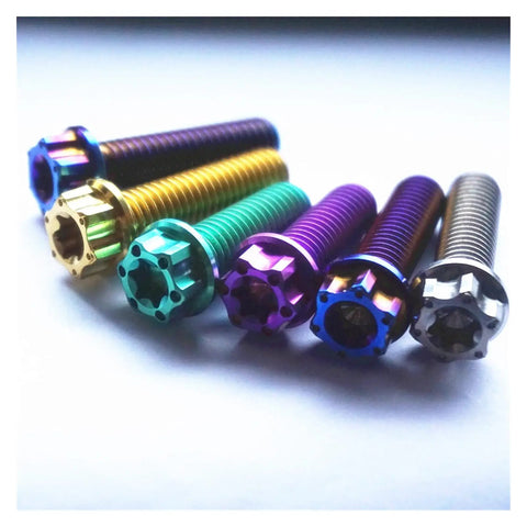 Top Shelf Grade 5 M8 Titanium Screws 4 Pack Burning Blue Torx Flange Head Bolts Heavy Duty Corrosion Resistant Fasteners in assorted colors.
