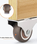 Close-up of Mini Fixed Caster Wheels 1.25 Inch Set Of 4 With Silent Bearing and Metal Top Low Profile TPE Rubber Casters installed on furniture.