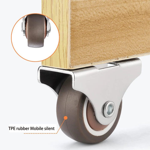 Close-up of Mini Fixed Caster Wheels 1.25 Inch Set Of 4 With Silent Bearing and Metal Top Low Profile TPE Rubber Casters installed on furniture.