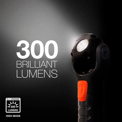 Hardcase Pivot Plus Swivel Head Flashlight With 300 Lumens, rubberized construction, LED light beam on black background