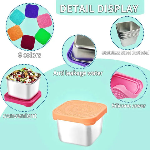 Six Pack 6oz Stainless Steel Snack Containers For Kids With Leakproof Silicone Lids Easy Open Stackable Metal Toddler Lunch Boxes For Daycare School And Travel detail display in various colors and features