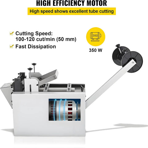 Essential Auto Electric PVC Heat Shrink Tube Cutter side view showing high speed motor, cutting speed of 100-120 cuts/min, 350W power.