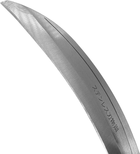 Close-up of stainless steel blade of Grass Sickle Garden Tool 7.6 Inch Japanese Style Kama Weeding Sickle With Stainless Steel Blade And Wood Handle