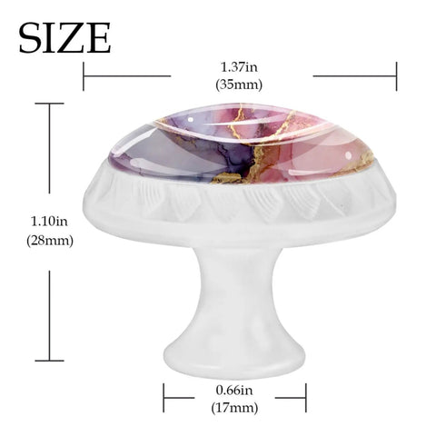 Four Pack Of One Point Three Seven Inch Round Cabinet Knobs Pink Marble Slick White Design Premium Glass Build close-up view showing size dimensions.