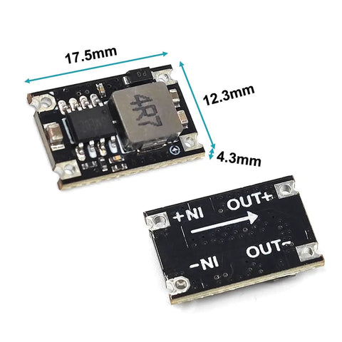 Five Pack 5V Buck Converter Module Kit 5V Regulator Board From 5 To 30V In 1.8A High Current Low Ripple Dope Compact Power Module For Arduino ESP32 And DIY Electronics Projects, showing two modules with dimensions.