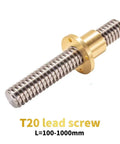 Rock Solid Trapezoidal T20 Stainless Steel Lead Screw With Snug Brass Nut 4Mm Pitch And 4Mm Lead Measuring 1000Mm Long, close-up view.